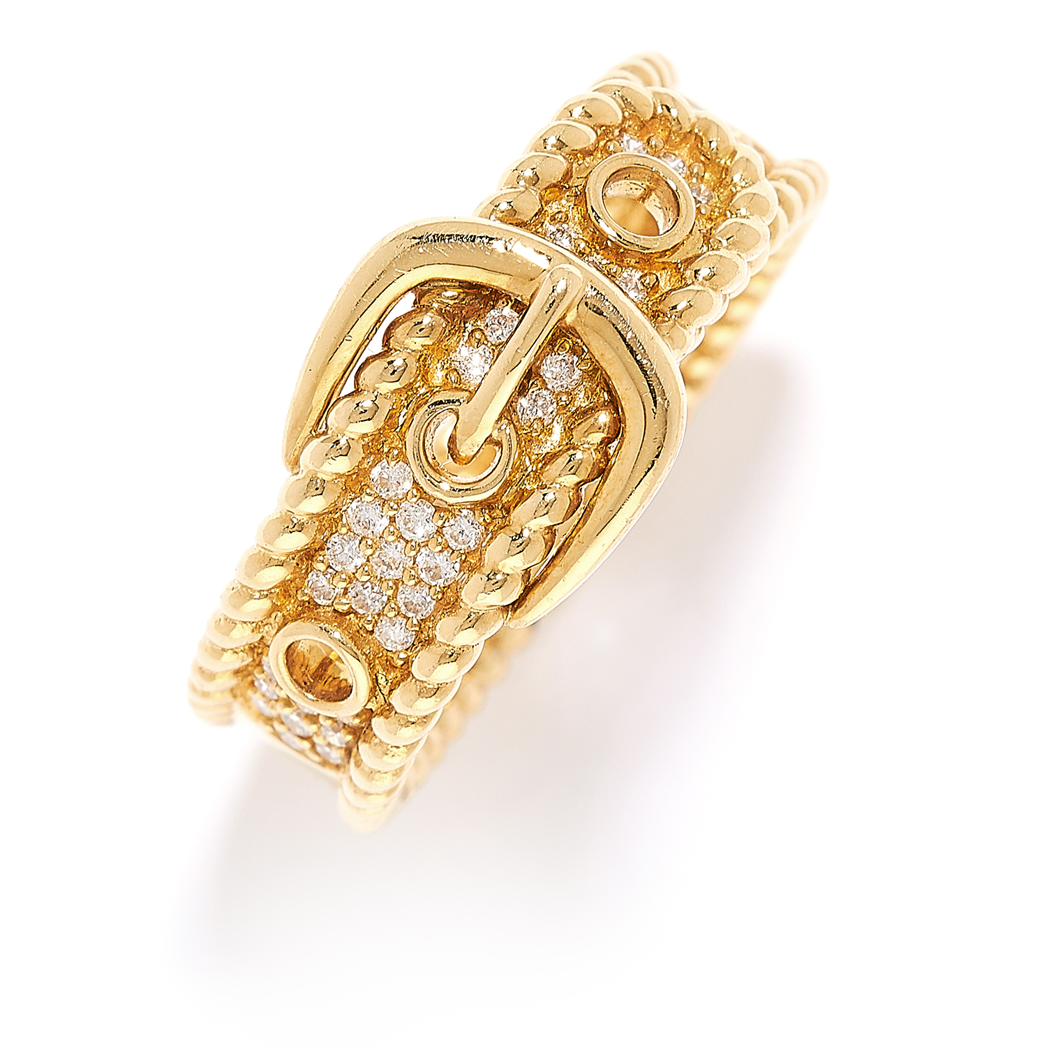 DIAMOND RING in 18ct yellow gold, designed as a buckle set with round cut diamonds, stamped 18K,