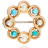 ANTIQUE TURQUOISE AND PEARL BROOCH in yellow gold, set with four pearls and four cabochon