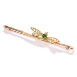 ANTIQUE PERIDOT, PEARL AND DIAMOND DRAGONFLY BROOCH in high carat yellow gold, in dragonfly motif