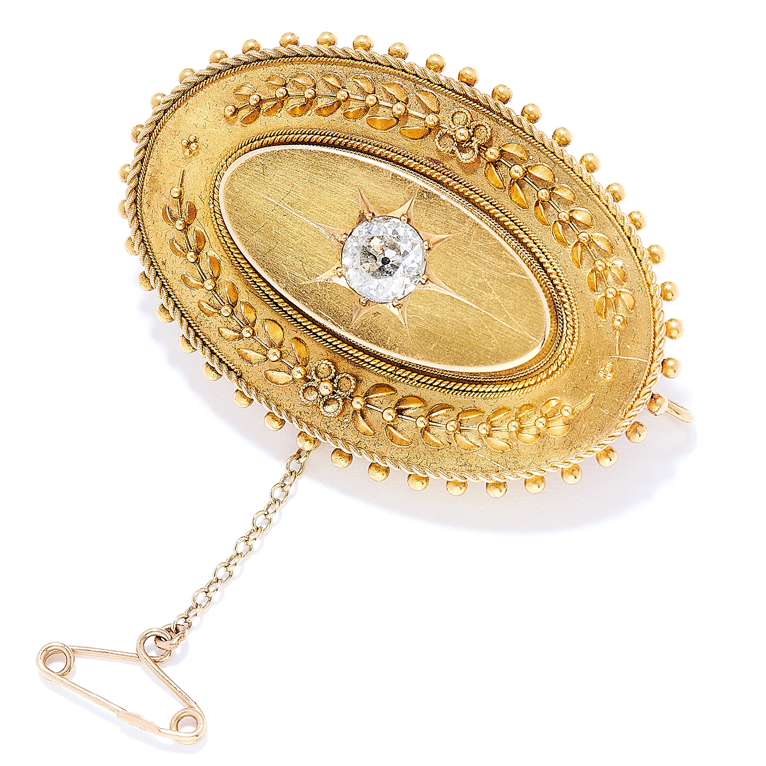 ANTIQUE DIAMOND MOURNING BROOCH in 15ct yellow gold, in Etruscan revival style set with an old cut