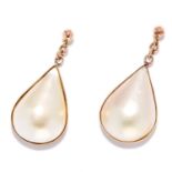 MABE PEARL DROP EARRINGS in yellow gold, each comprising of a pear shaped mabe pearl, unmarked, 3cm,