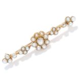 ANTIQUE DIAMOND AND PEARL BROOCH in yellow gold, set with old and rose cut diamonds and pearls in