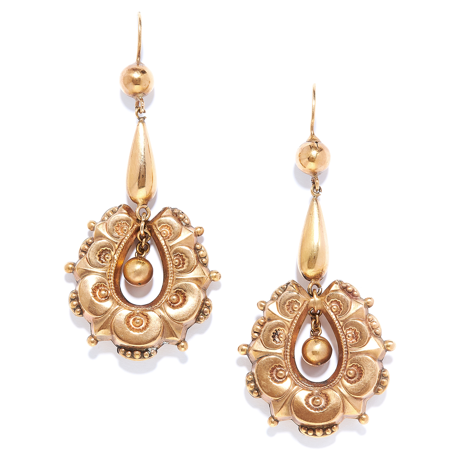 ANTIQUE ARTICULATED GOLD EARRINGS, 19TH CENTURY in yellow gold, each suspending a gold bead within a