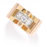 VINTAGE DIAMOND DRESS RING in 18ct yellow gold, set with three round cut diamonds, stamped 750, siz