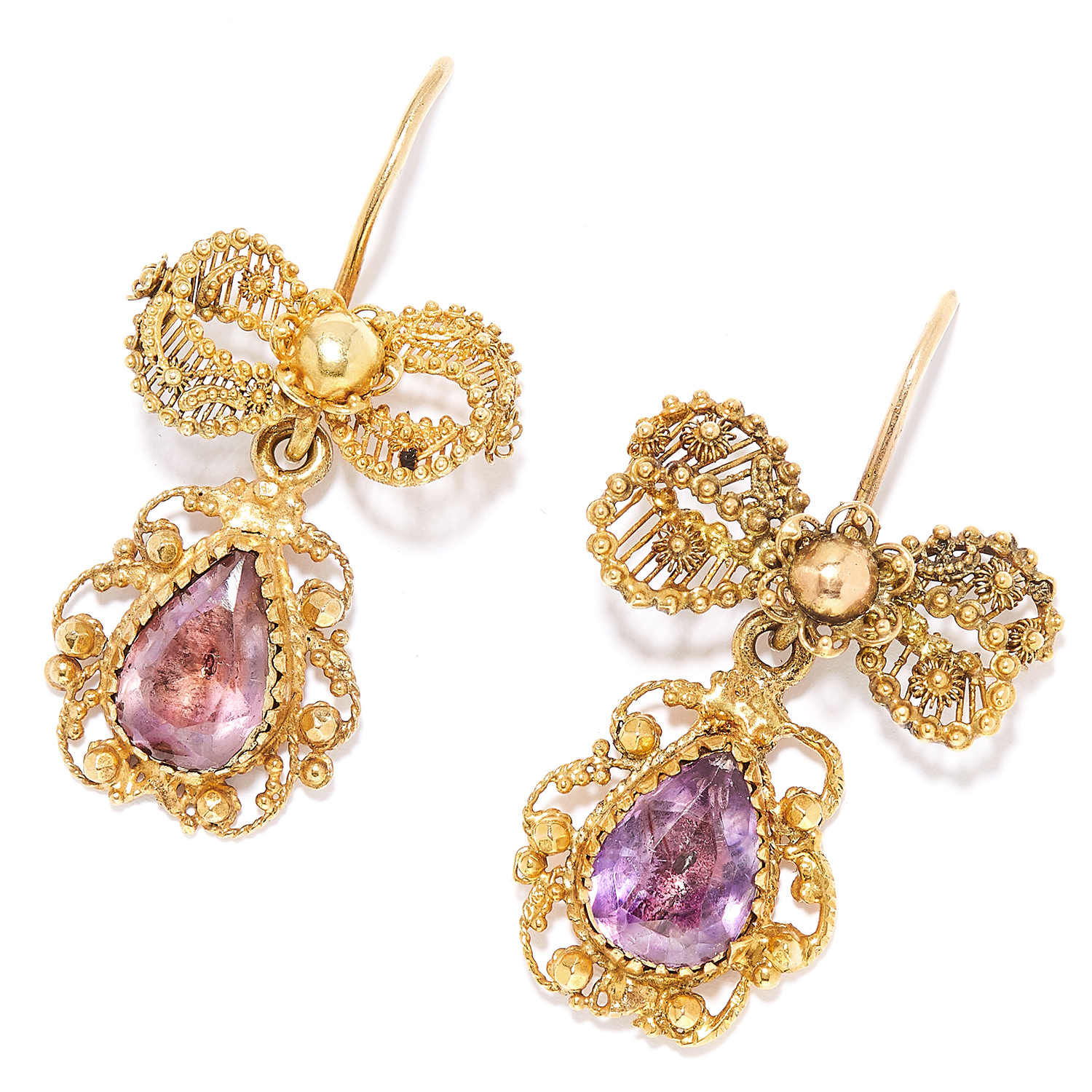 ANTIQUE AMETHYST EARRINGS in yellow gold, each comprising of scrolling ribbon motif set with each