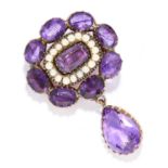 ANTIQUE GEORGIAN AMETHYST AND PEARL BROOCH in yellow gold, set with oval and cushion cut amethyst