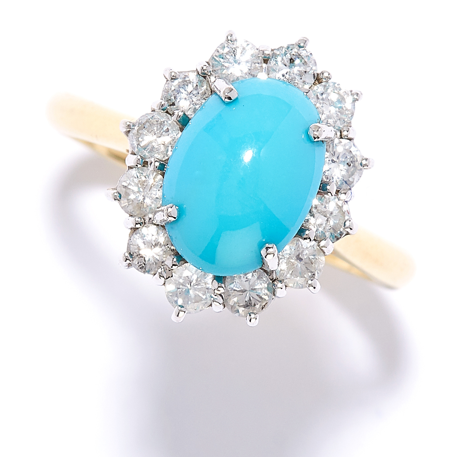 TURQUOISE AND DIAMOND CLUSTER RING 18ct yellow gold, comprising of an oval cabochon turquoise in a