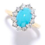 TURQUOISE AND DIAMOND CLUSTER RING 18ct yellow gold, comprising of an oval cabochon turquoise in a