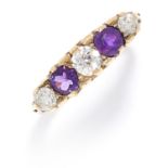 ANTIQUE AMETHYST AND DIAMOND FIVE STONE RING in 18ct yellow gold, set with alternating round cut