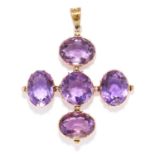 ANTIQUE AMETHYST CROSS PENDANT in yellow gold, set with five round and oval cut amethyst,