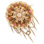 ANTIQUE RUBY, DIAMOND PEARL AND ENAMEL BROOCH in yellow gold, set with old cut diamonds, cushion cut