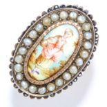 ANTIQUE PAINTED ENAMEL MINIATURE AND PEARL RING in yellow gold, set with an oval miniature depicting