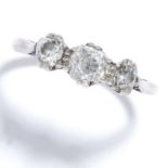 A DIAMOND THREE STONE RING in white gold or platinum, set with three old cut diamonds, stamped