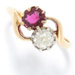 RUBY AND DIAMOND TOI ET MOI RING in yellow gold, set with a round cut ruby and an old cut diamond,