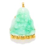 CHINESE JADEITE JADE BUDDHA PENDANT in 14ct yellow gold, carved in detail to depict Buddha,