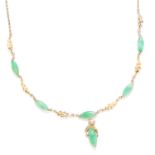 VINTAGE JADE NECKLACE in yellow gold, comprising marquise cabochon jade links with floral accents,