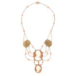 ANTIQUE CORAL, PEARL AND CAMEO NECKLACE, 19TH CENTURY in high carat yellow gold, comprising of two