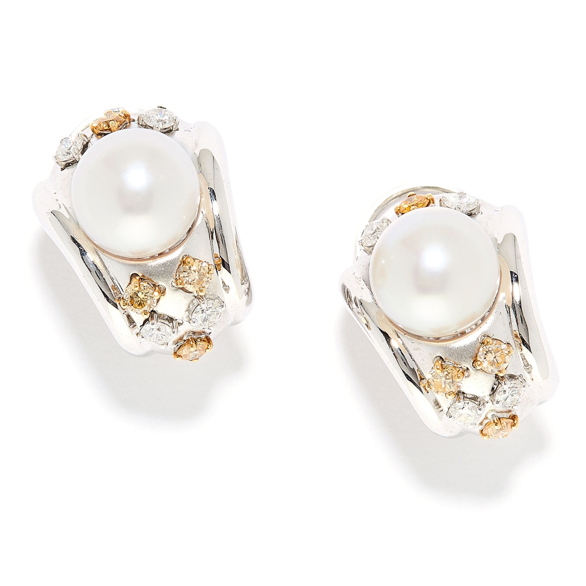 PEARL, DIAMOND AND YELLOW DIAMOND EARRINGS in 18ct white gold, each half hoop set with a pearl