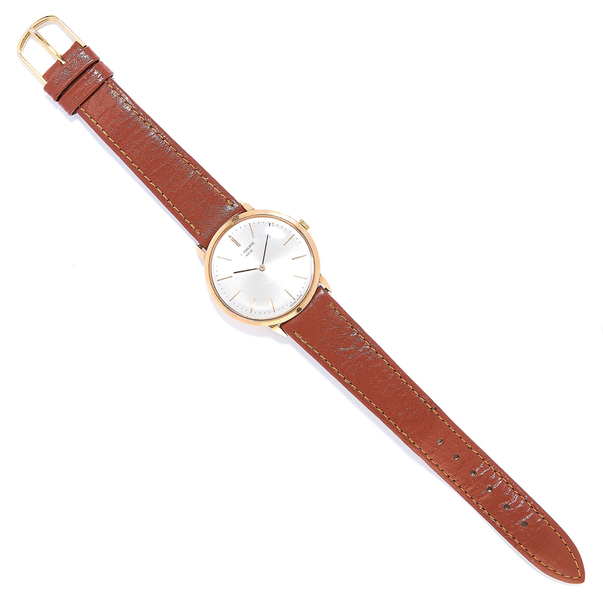 GENTLEMEN'S WRISTWATCH, PATEK PHILIPPE in yellow gold, with white dial and brown leather strap, - Bild 2 aus 2