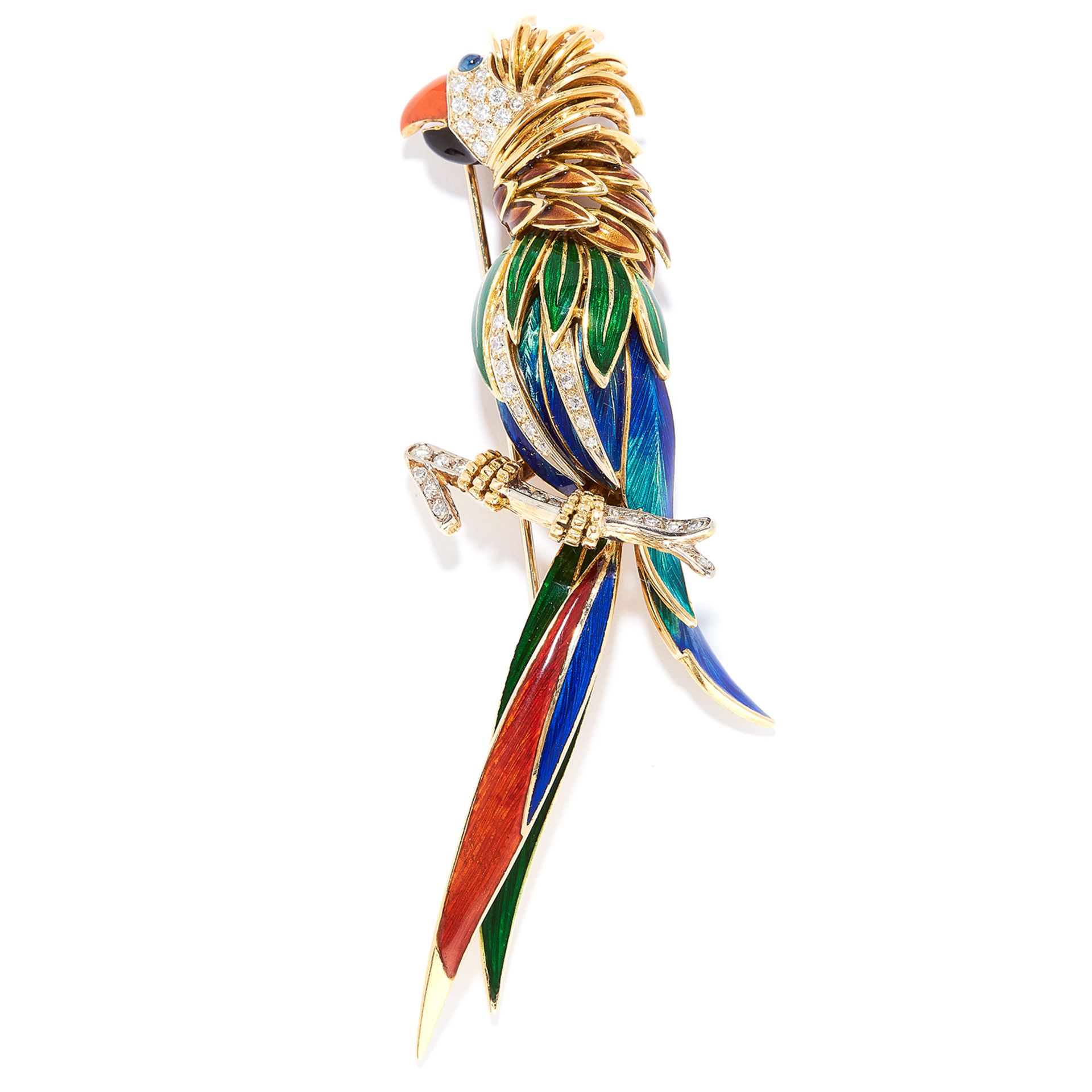 VINTAGE SAPPHIRE, DIAMOND AND ENAMEL NOVELTY BIRD BROOCH in high carat yellow gold, depicting a