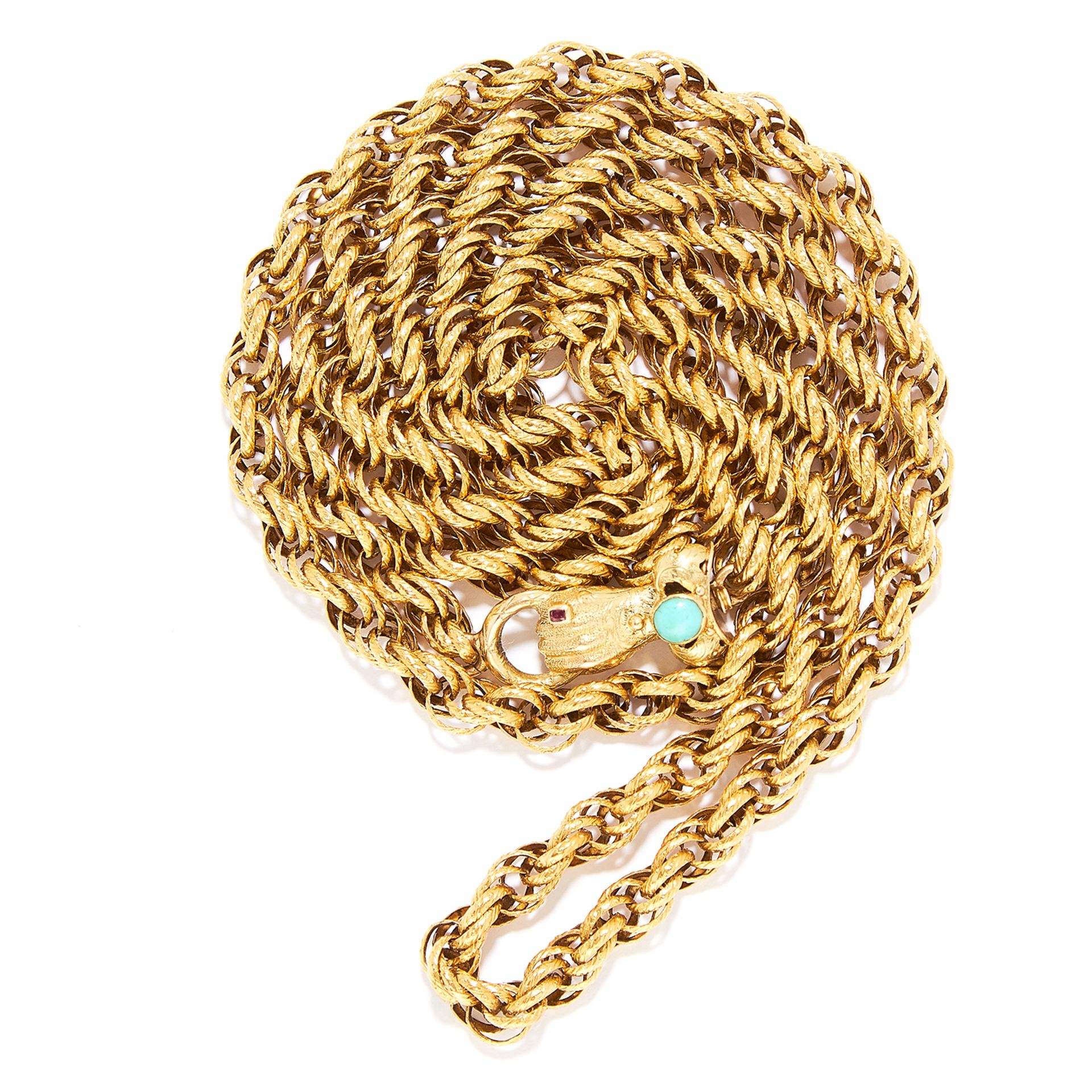 ANTIQUE GEORGIAN TURQUOISE AND GARNET FANCY LINK CHAIN in yellow gold, comprising of a fancy link