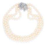 THREE STRAND PEARL AND DIAMOND NECKLACE in 18ct white gold or platinum, comprising of three rows