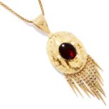 ANTIQUE GARNET PENDANT in high carat yellow gold, set with a cabochon garnet and suspending gold