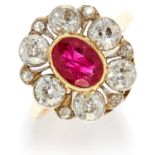 1.40 CARAT BURMA NO HEAT RUBY AND DIAMOND CLUSTER RING in high carat yellow gold, comprising of a