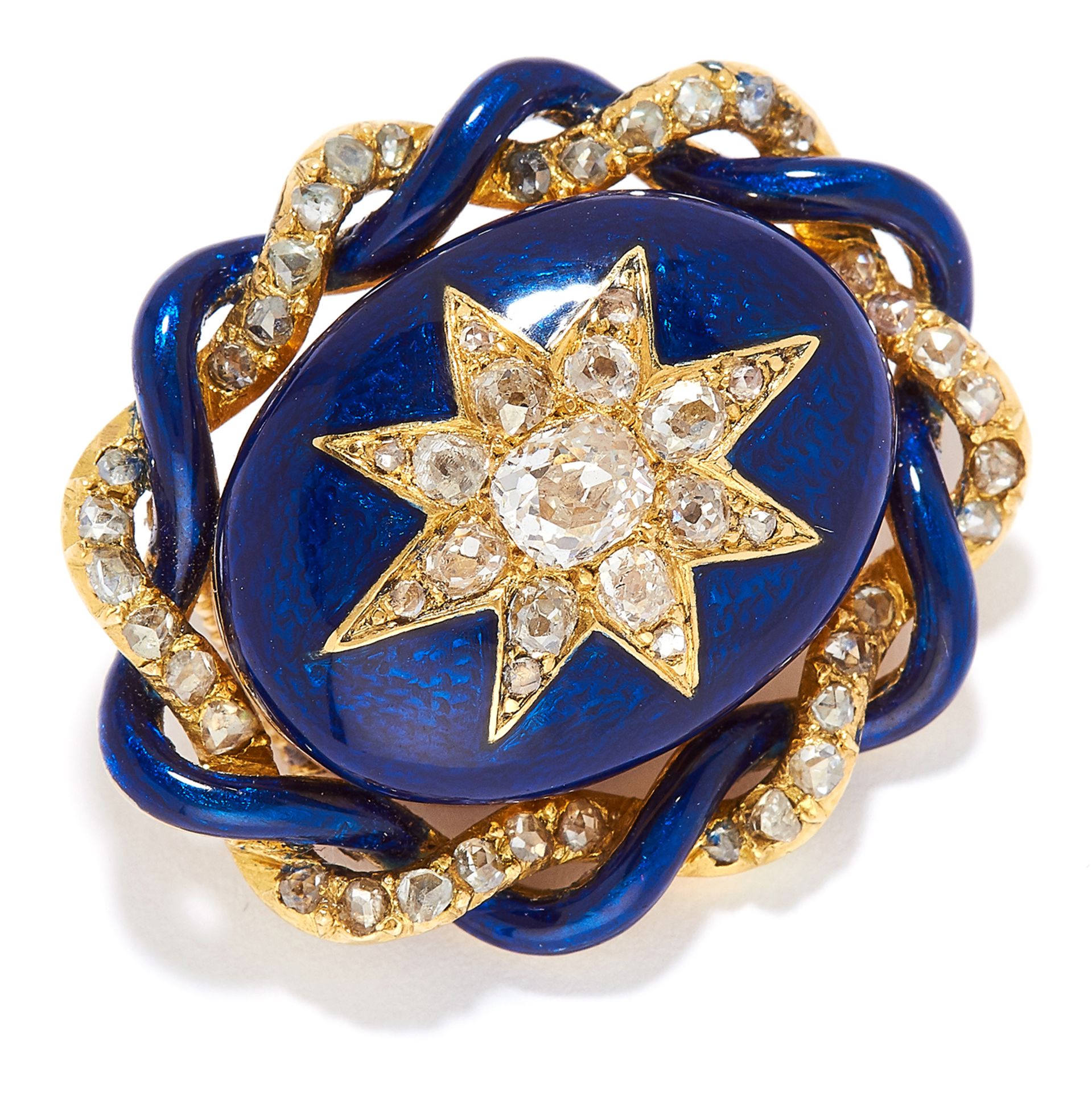 ANTIQUE DIAMOND AND ENAMEL BROOCH, 19TH CENTURY in high carat yellow gold, set with old cut diamonds