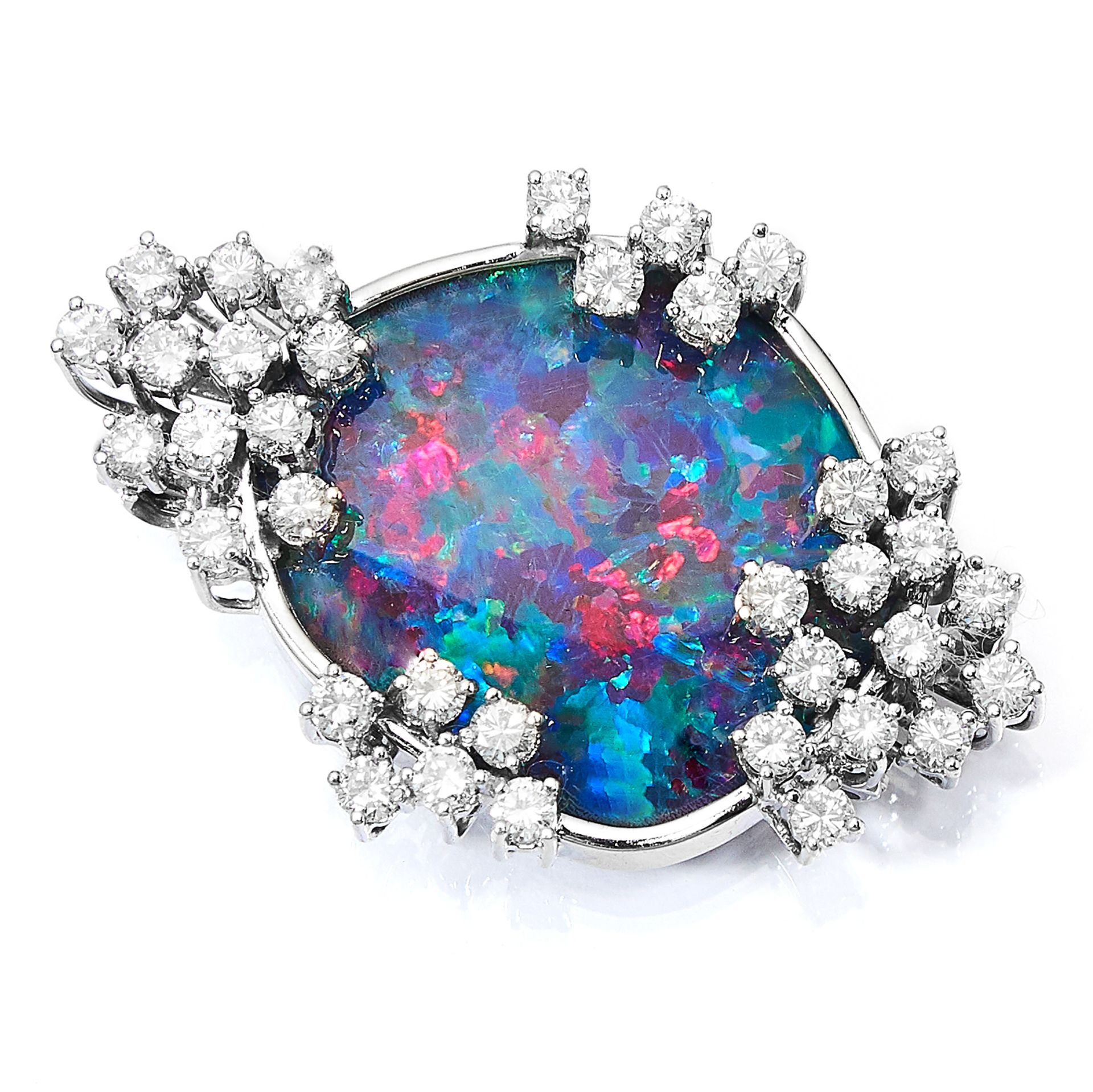 BLACK OPAL AND DIAMOND BROOCH in 14ct white gold, set with a black opal doublet in a border of round