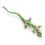 ANTIQUE DEMANTOID GARNET, RUBY AND DIAMOND SALAMANDER / LIZARD BROOCH in high carat yellow gold