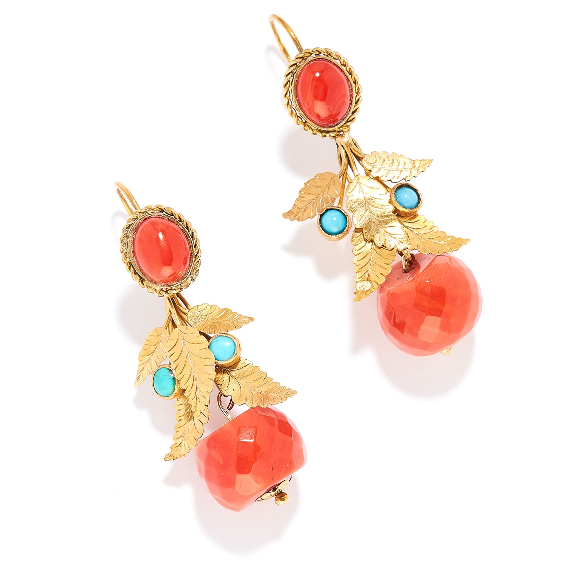 ANTIQUE CORAL AND TURQUOISE EARRINGS in high carat yellow gold, each comprising of leaf motif set