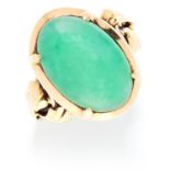 VINTAGE JADE DRESS RING in 14ct yellow gold, the oval jade cabochon between floral shoulders,