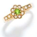 ANTIQUE DEMANTOID GARNET AND PEARL RING in high carat yellow gold, unmarked, size N / 7, 2.5g.