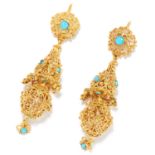 TURQUOISE DROP EARRINGS in high carat yellow gold, in openwork filigree design set with cabochon