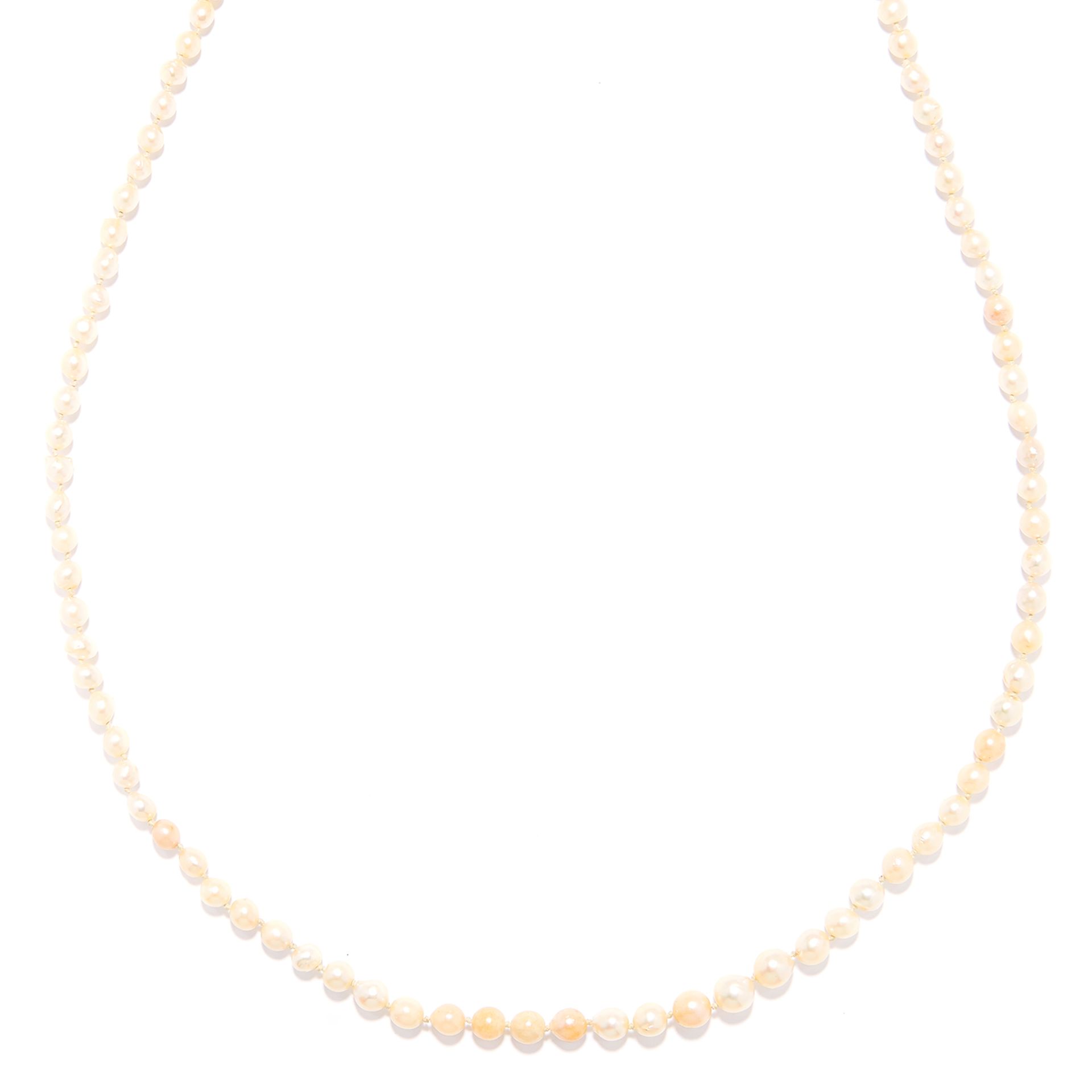 PEARL NECKLACE in 14ct white gold, comprising of a single strand of pearl beads, stamped K14, 156cm,