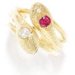 ANTIQUE RUBY AND DIAMOND SNAKE RING in high carat yellow gold, designed as two intertwined snakes,
