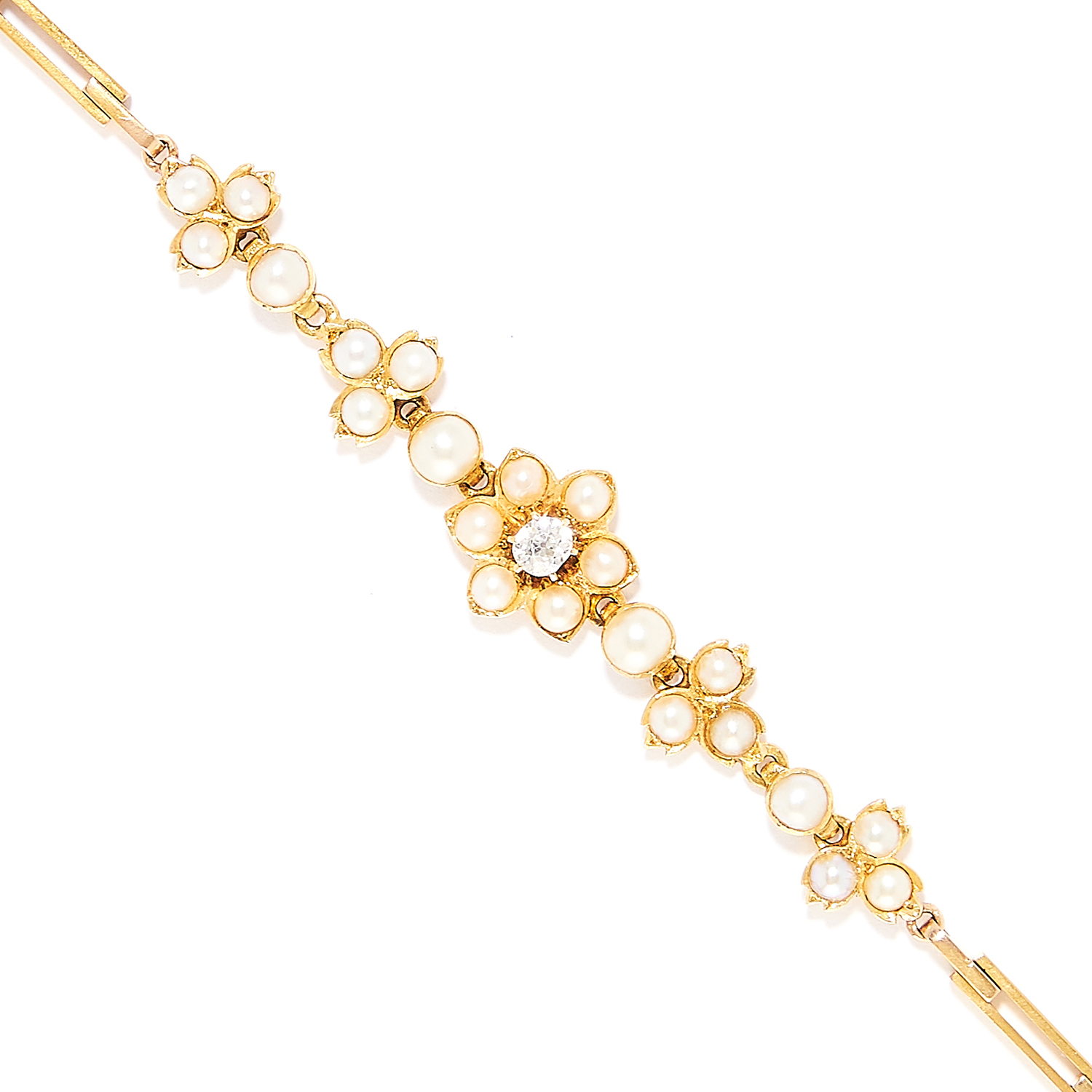 ANTIQUE SEED PEARL AND DIAMOND BRACELET in high carat yellow gold, in foliate motif set with seed - Image 2 of 2