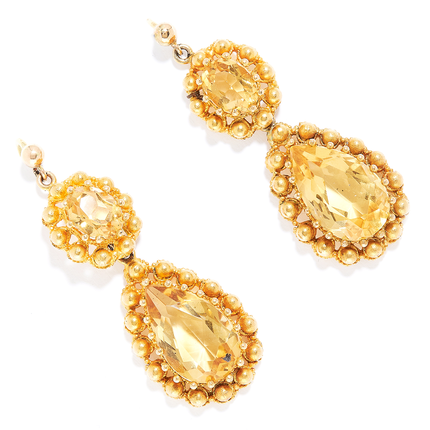 ANTIQUE CITRINE EARRINGS in high carat yellow gold, each set with an oval and pear cut citrine,