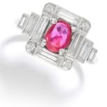 ART DECO BURMA NO HEAT RUBY AND DIAMOND RING in white gold or platinum, the oval cut ruby of 0.57