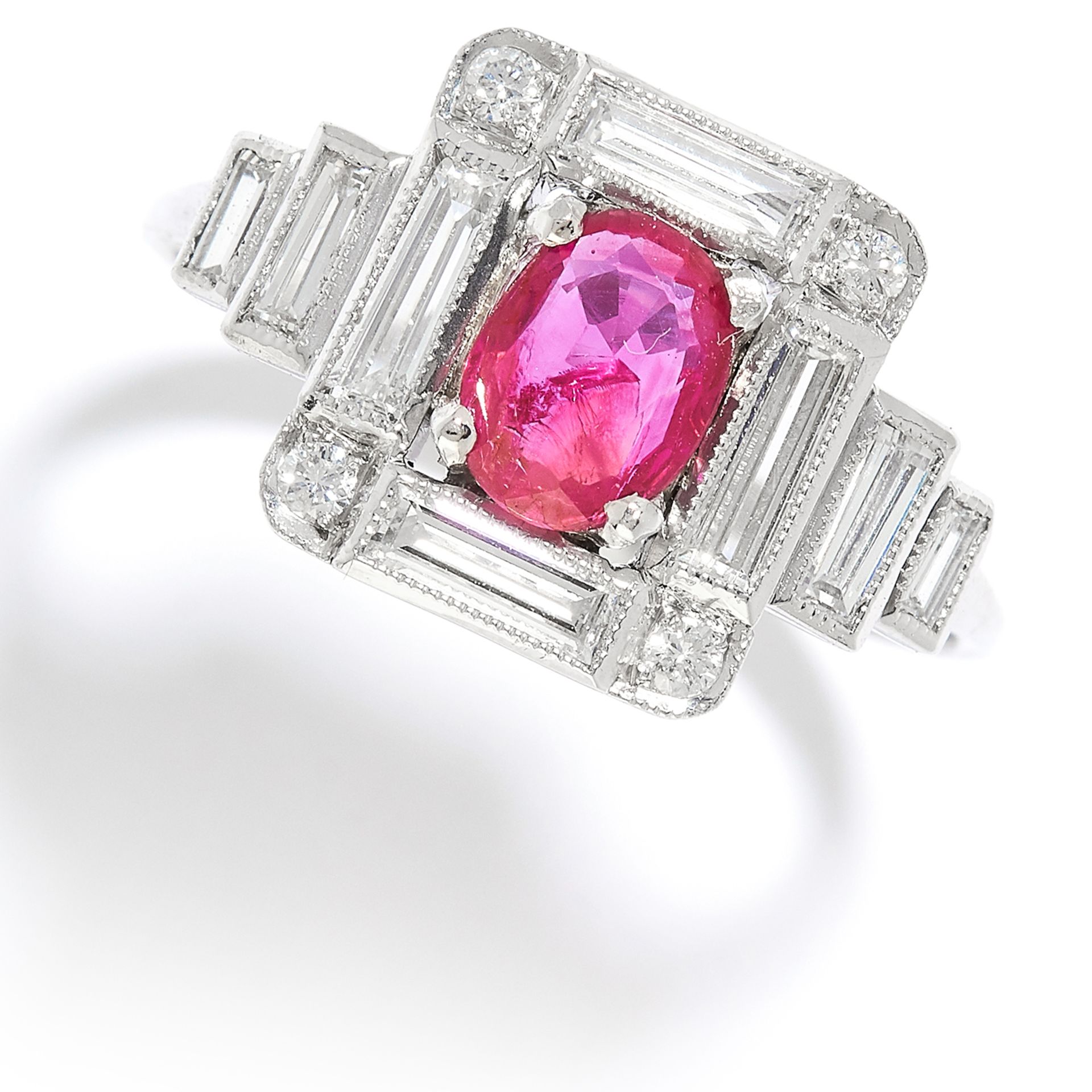 ART DECO BURMA NO HEAT RUBY AND DIAMOND RING in white gold or platinum, the oval cut ruby of 0.57