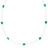 EMERALD AND DIAMOND NECKLACE in 18ct white gold, comprising of alternating polished emerald beads