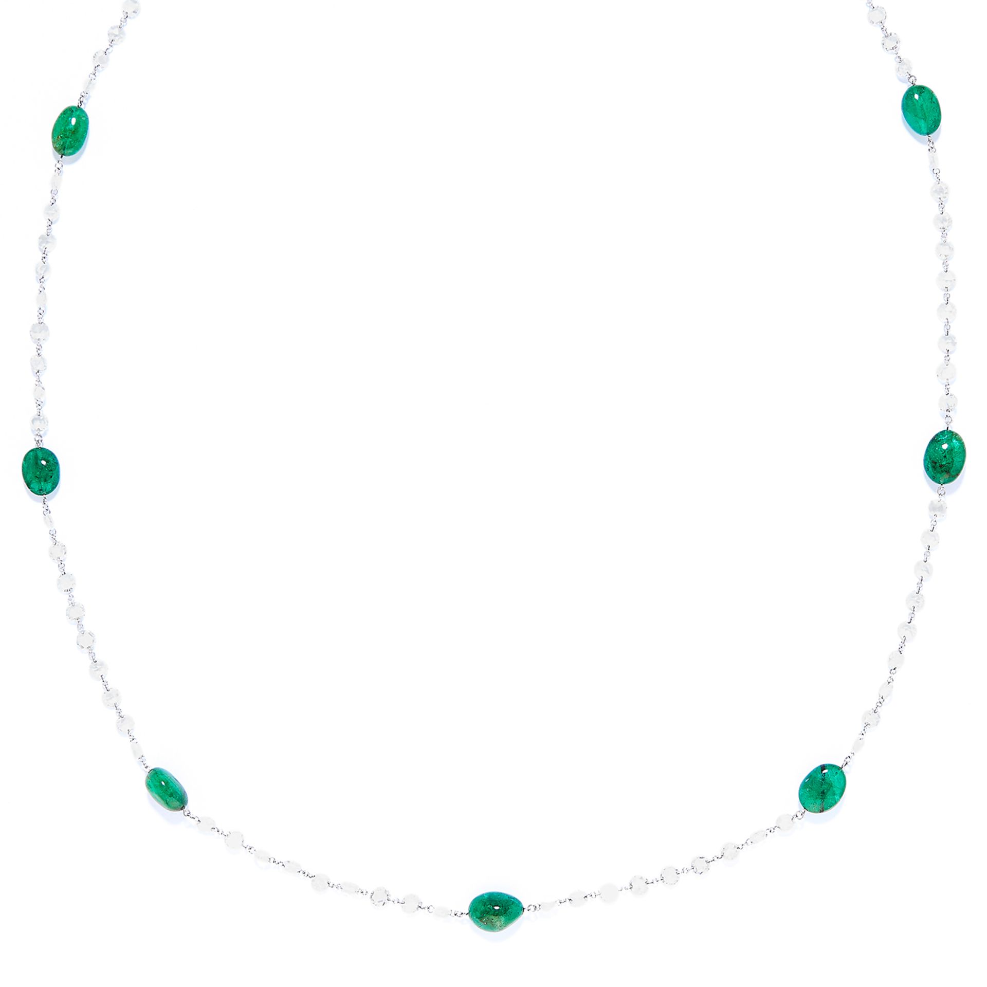 EMERALD AND DIAMOND NECKLACE in 18ct white gold, comprising of alternating polished emerald beads