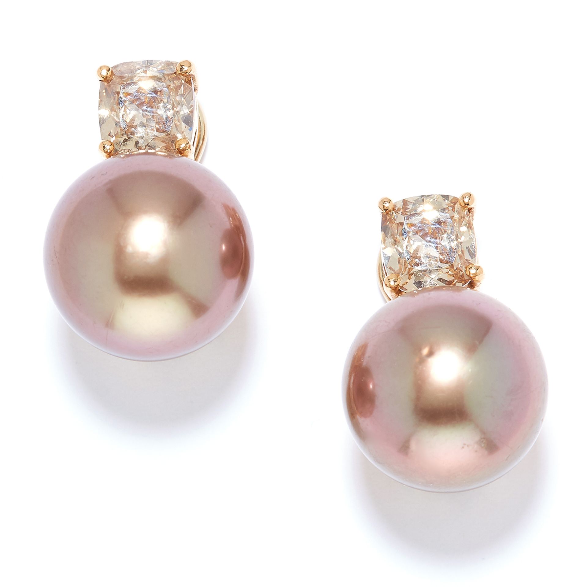 PEARL AND 2.50 CARAT FANCY COLOUR DIAMOND EARRINGS in 18ct yellow gold, each set with a cushion
