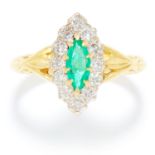 EMERALD AND DIAMOND DRESS RING in 18ct yellow and white gold, the marquise cut emerald encircled