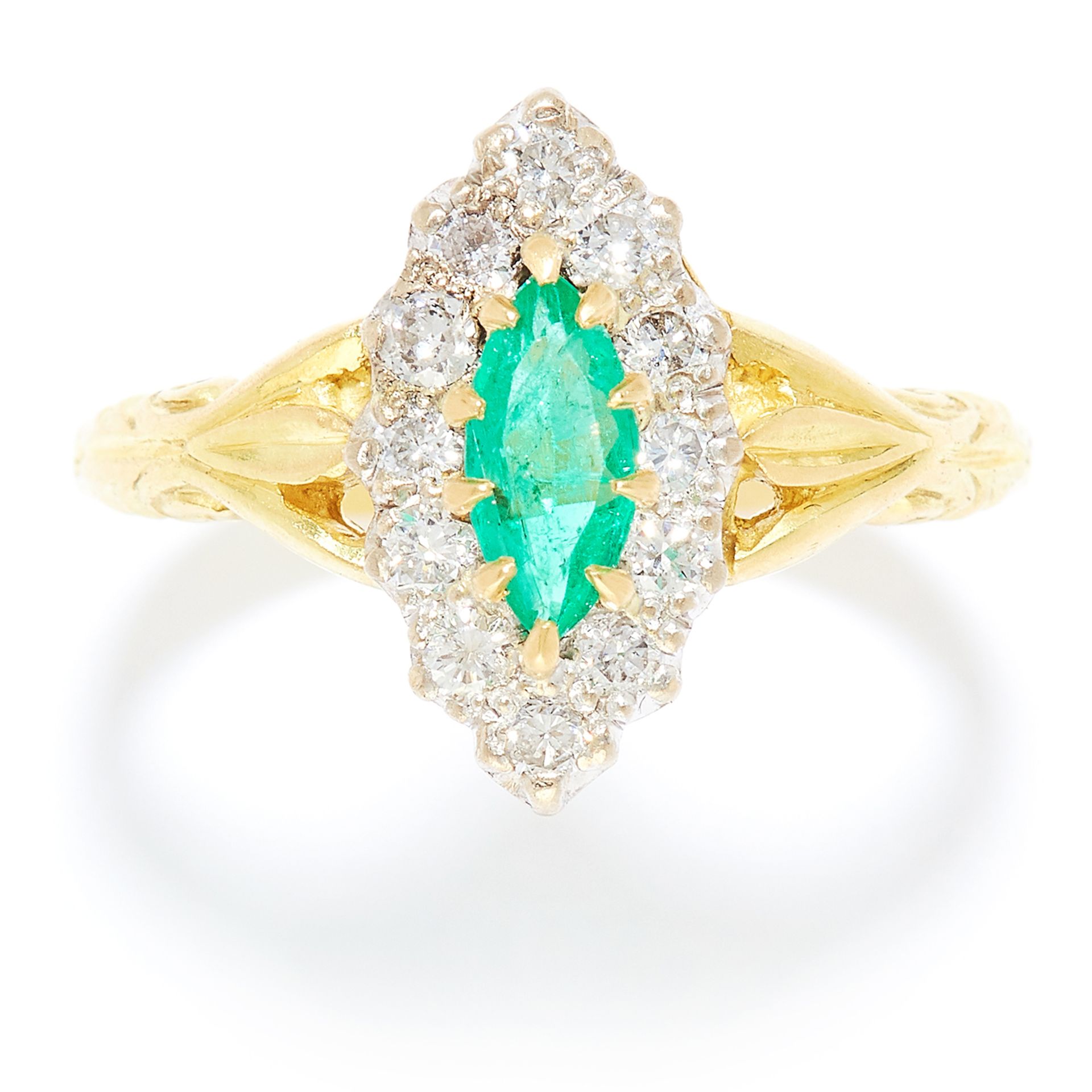 EMERALD AND DIAMOND DRESS RING in 18ct yellow and white gold, the marquise cut emerald encircled