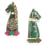 CARVED EMERALD, RUBY AND PERIDOT PENDANT in yellow gold, the large emerald body carved to depict a
