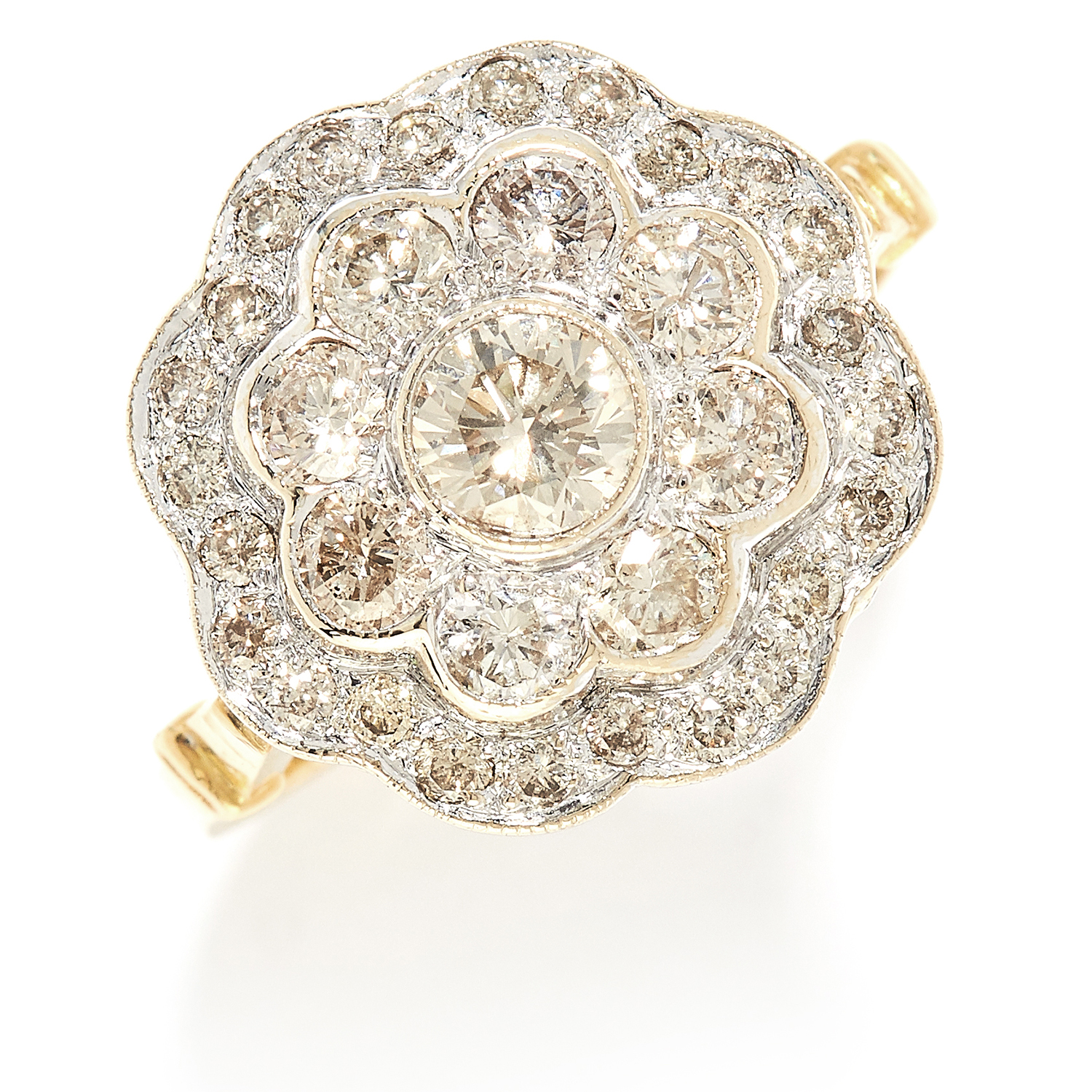 1.70 CARAT DIAMOND CLUSTER RING in high carat yellow gold, set with round cut diamonds totalling