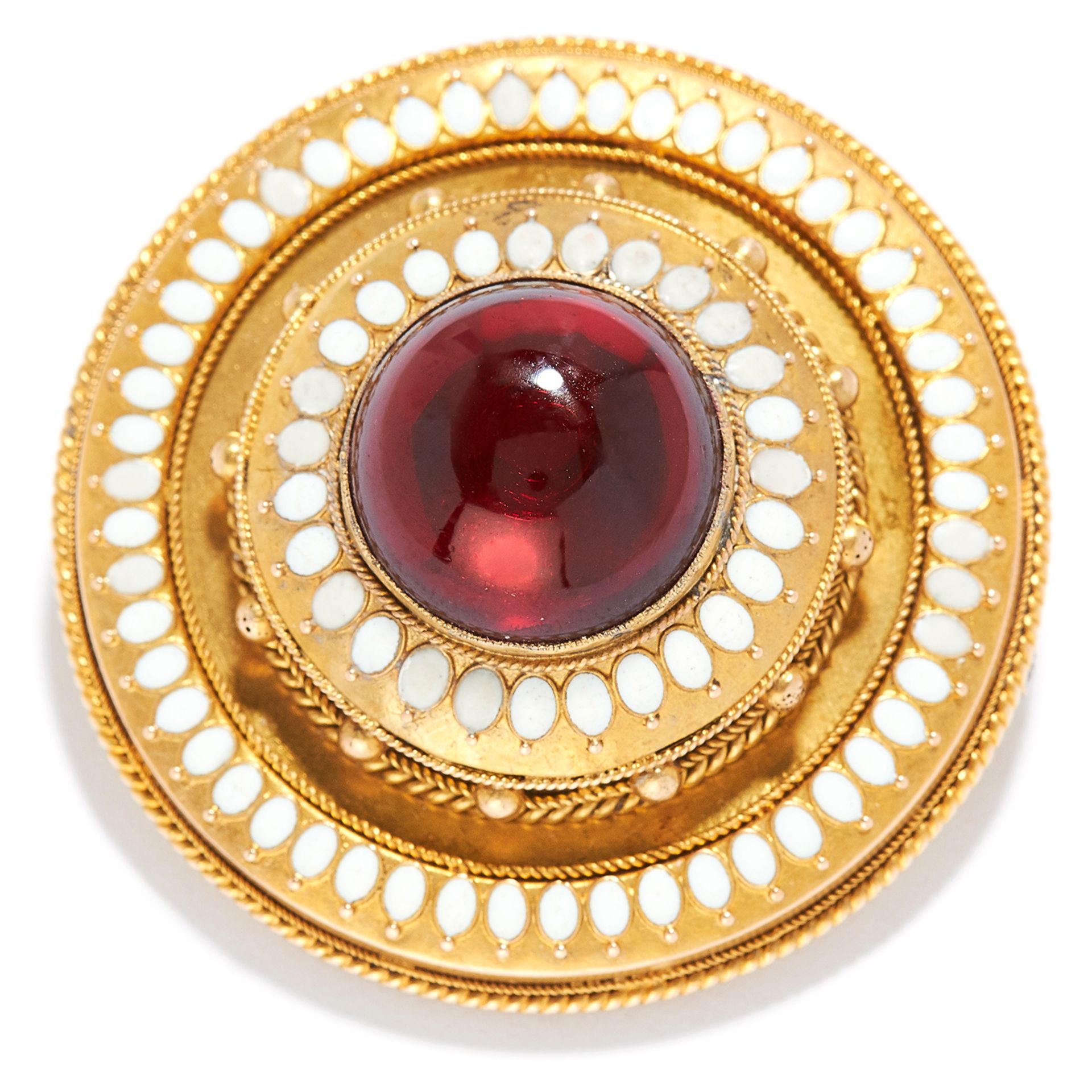 ANTIQUE GARNET AND ENAMEL MOURNING BROOCH, 19TH CENTURY in high carat yellow gold, set with a