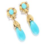 TURQUOISE AND DIAMOND EARRINGS in high carat yellow gold, each jewelled with five round cut